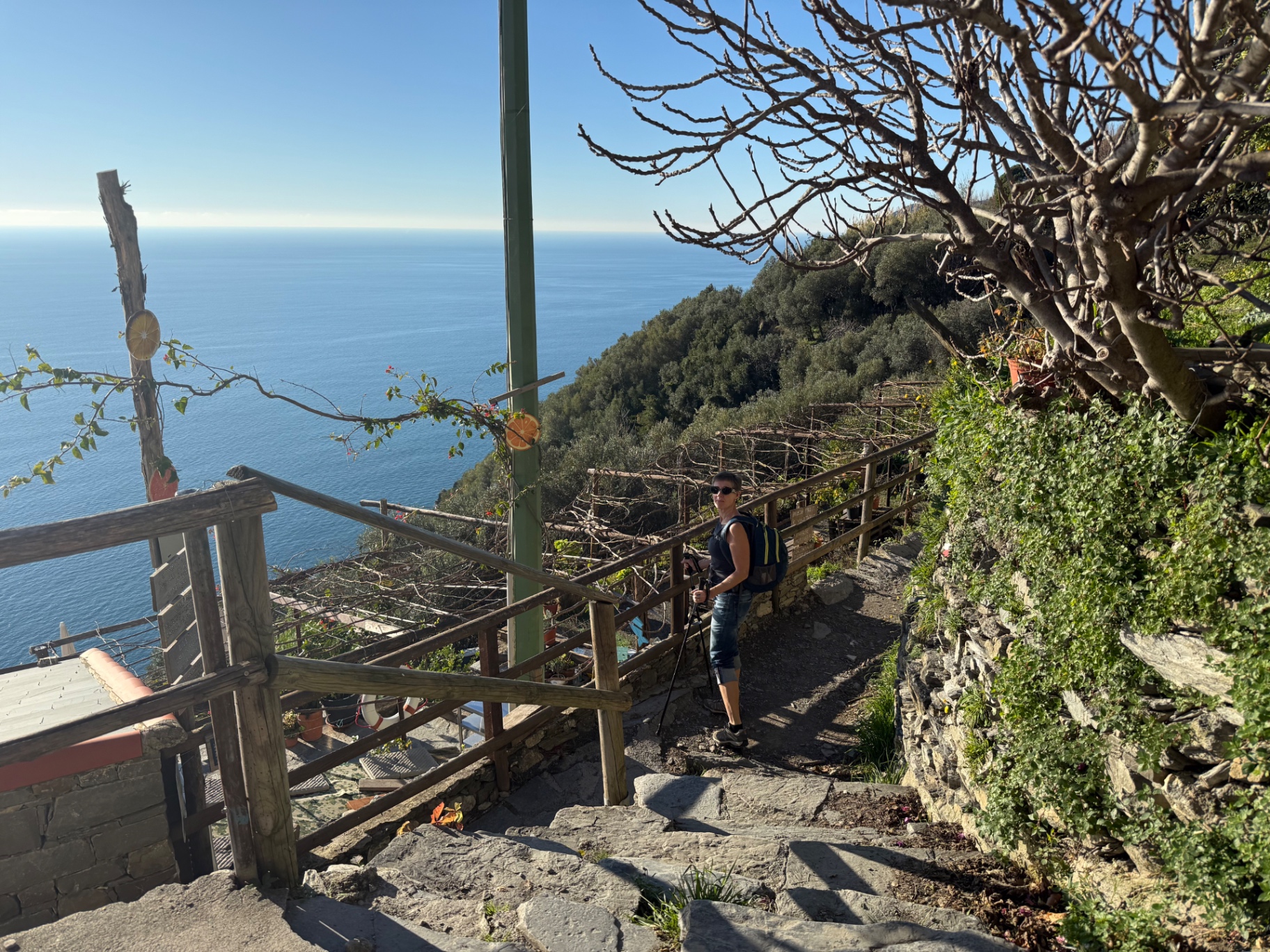 A hiker with trekking poles on a coastal path above the open sea