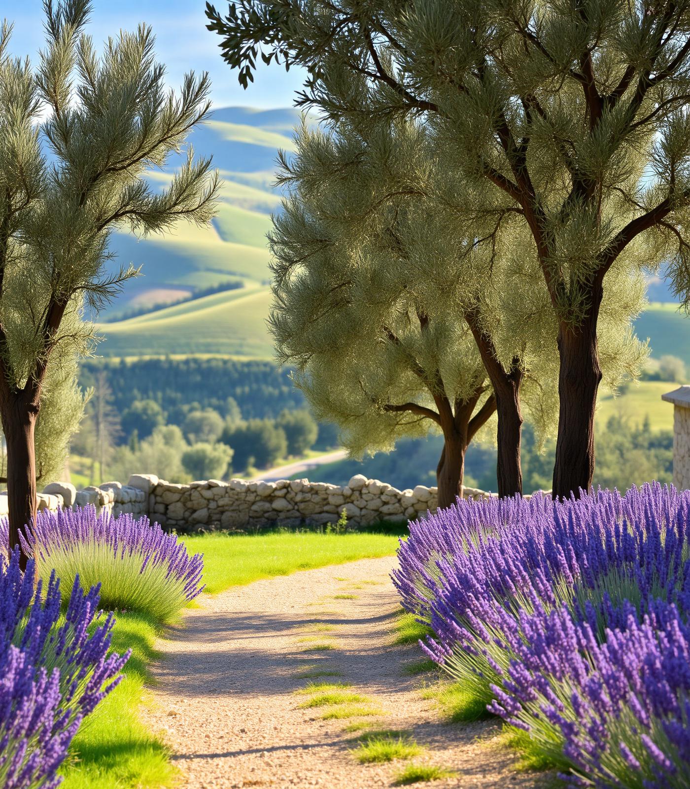 Garden with olive trees and lavender